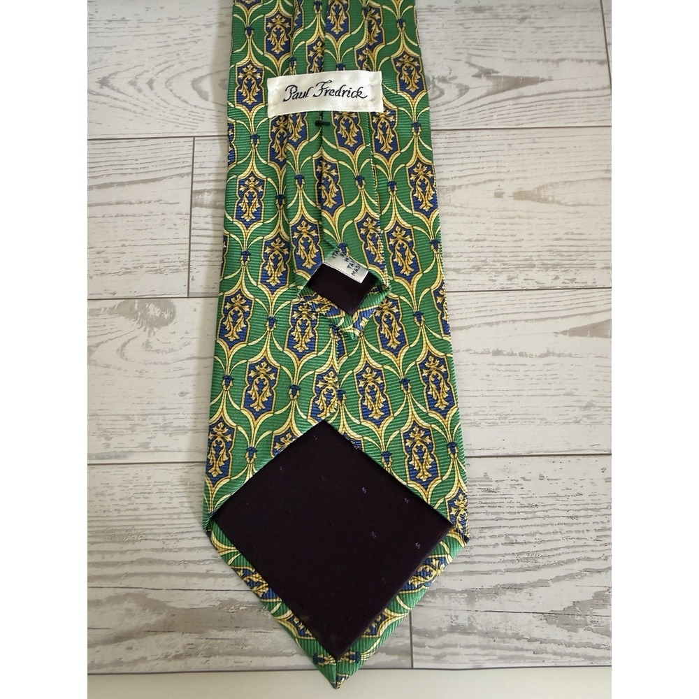 Paul Fredrick Silk Tie 4" Wide Green Blue Gold Ornate Medallion Classic Executiv - Picture 7 of 16